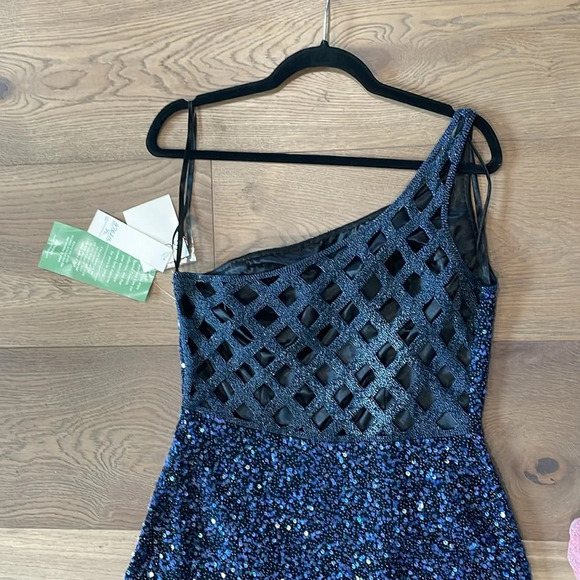 SCALA Vintage 100% Silk GORGEOUS Navy One Shoulder Beaded & Sequin Gown Size XL - Picture 11 of 13